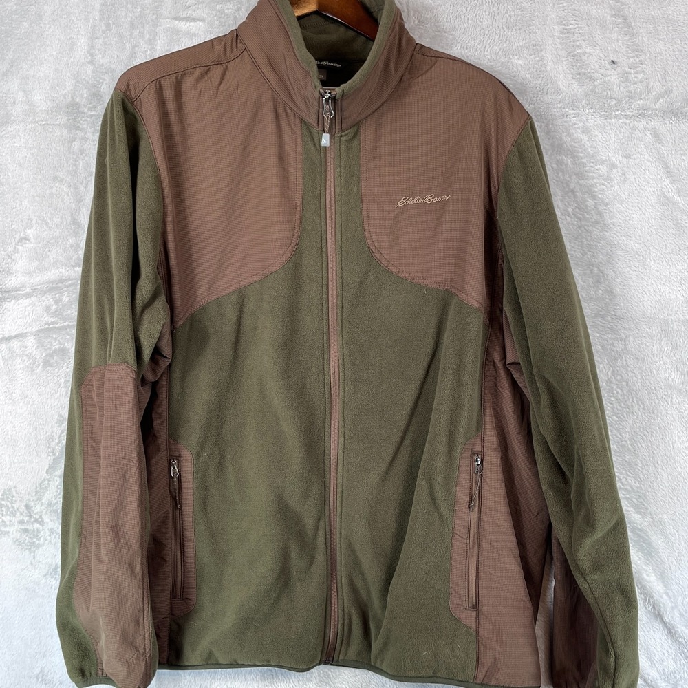 Eddie Bauer Mens 2XL Fleece Jacket Olive Green Brown Full Zip Outdoor Hiking
